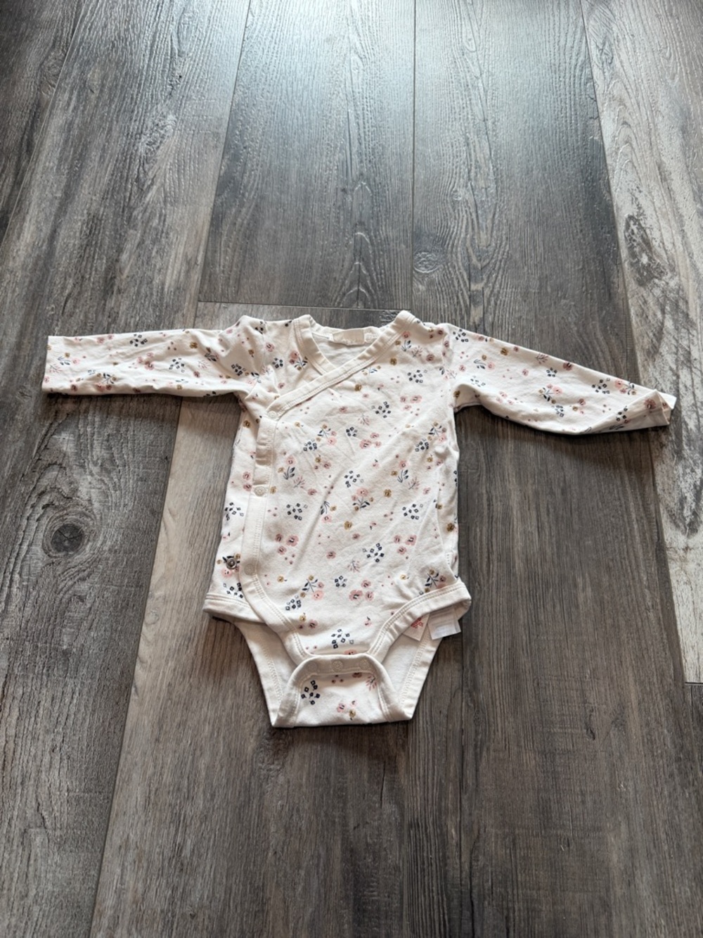 Firsts‎ By Petit Lem Neutral Floral Wrap-Front One-Piece Bodysuit in Cream